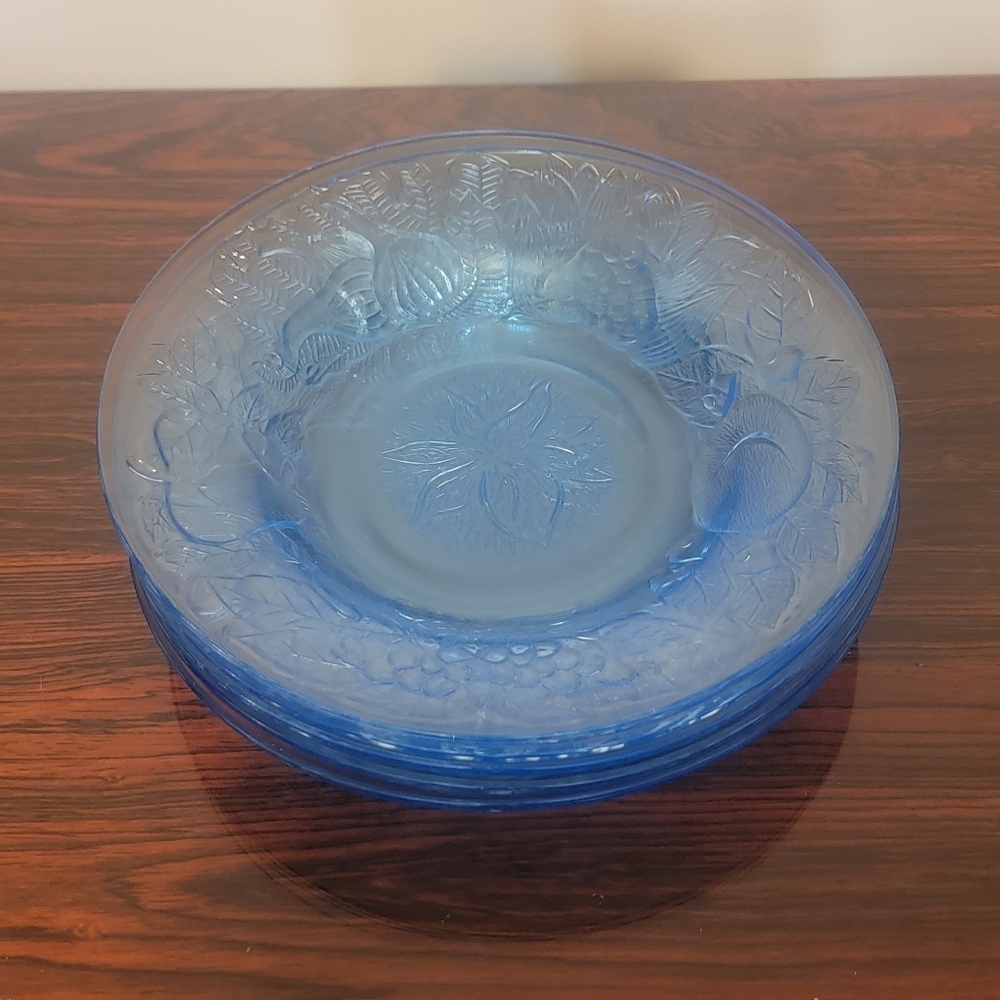 Antique Mid Century KIG Indonesia Ice Blue Pressed Glass Floral Fruit Design